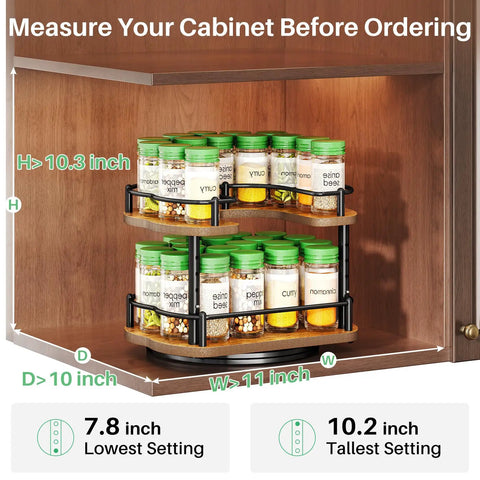Two Tier In Cabinet Spice Rack Organizer With Rotating Lazy Susan No Brainer Space Saver For 11 Inch Wide Cabinets showing spices.