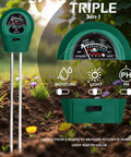 3 In 1 Soil Moisture Light And pH Tester Battery Free Gardening Tool for Indoor and Outdoor Plants showing meter readings.