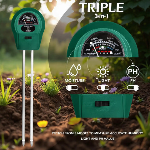 3 In 1 Soil Moisture Light And pH Tester Battery Free Gardening Tool for Indoor and Outdoor Plants showing meter readings.