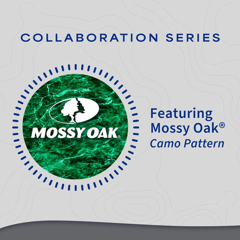 Featuring Mossy Oak camo pattern collaboration series graphic