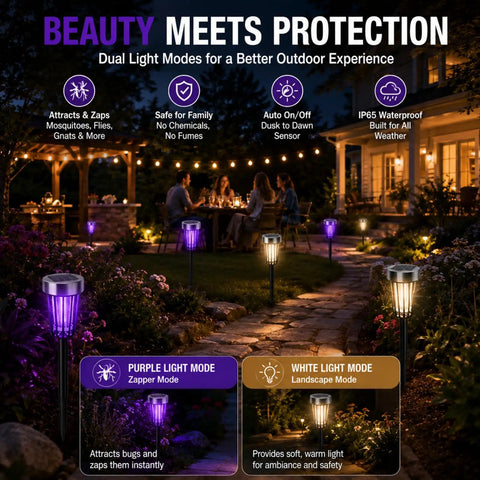 Solar Powered Bug Zapper Outdoor 4 Pack for Yard Garden Patio IP65 Waterproof with Auto On Off and Purple or White Light pathway installation.