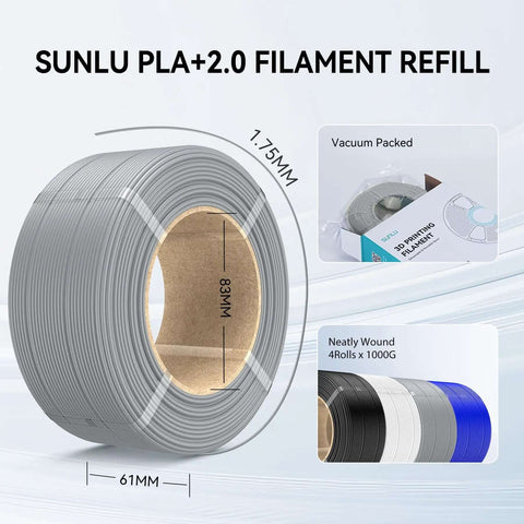 PLA Plus 2.0 No Spool Filament Refill Bundle 4x1kg Black 1.75mm for Reusable Spools and Bambu Lab 3D Printers showing packaging details