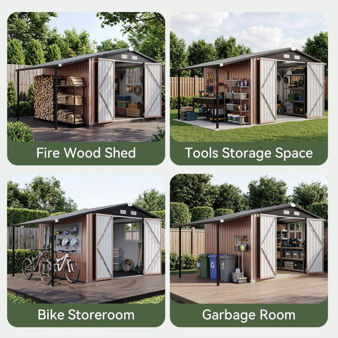 6x10 Ft Outdoor Storage Shed with open firewood, tools, bike, and garbage storage setups in backyard garden setting