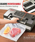 Heavy Duty Vacuum Sealer Machine Packing 90Kpa Suction And Double Seal To Keep Your Groceries Farm Fresh with patented handle and sealed meat.