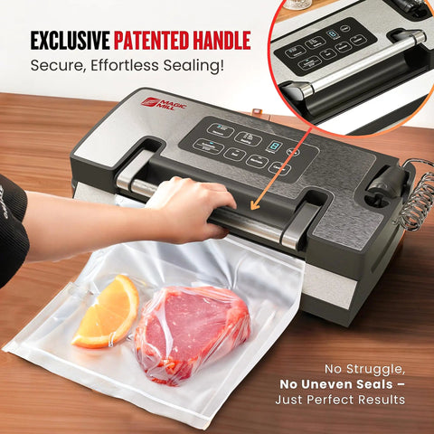 Heavy Duty Vacuum Sealer Machine Packing 90Kpa Suction And Double Seal To Keep Your Groceries Farm Fresh with patented handle and sealed meat.