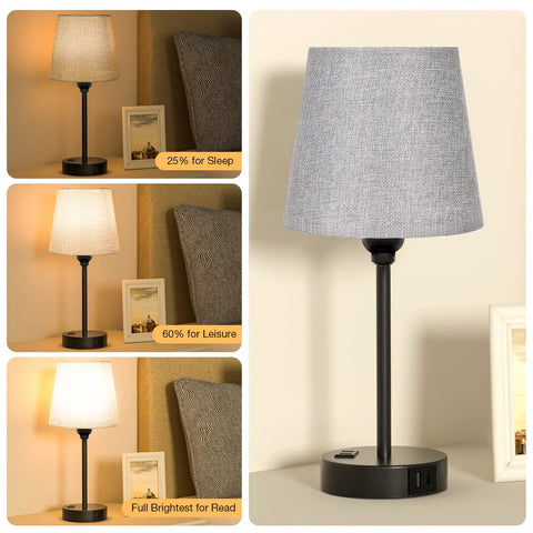 Set of Two Grey Bedside Lamps With USB C Port And AC Outlet 3 Way Dimmable Touch Control Nightstand Lamps For Bedroom Kids Room And Guest Room Built In Dual Charging Station To Power Six Devices showing dimming levels