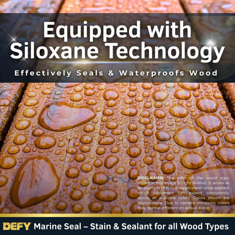 Rock Solid Marine Grade Wood Sealant And Stain For Docks And Piers With Zero Mess Clear Formula showing water beading on stained wood.