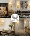 Gold Cordless Wall Sconces Set Of Two Battery Operated Rechargeable Dimmable Led Lamps With Fabric Shades Totally Wireless Home Lighting in various room settings.