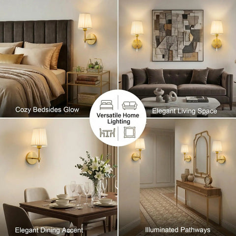 Gold Cordless Wall Sconces Set Of Two Battery Operated Rechargeable Dimmable Led Lamps With Fabric Shades Totally Wireless Home Lighting in various room settings.
