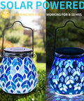 Day and night view of Solar Mosaic Lanterns For Outdoor Lighting, Glass Hanging Lanterns With Hollow Mosaic Glass, Solar Powered