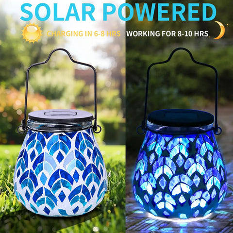 Day and night view of Solar Mosaic Lanterns For Outdoor Lighting, Glass Hanging Lanterns With Hollow Mosaic Glass, Solar Powered