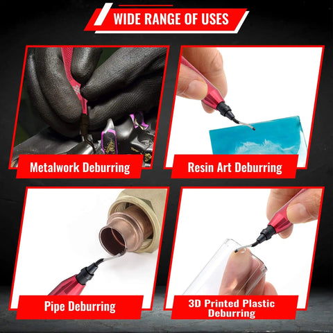 Wide range of uses for Heavy Duty Deburring Tool With Countersink Hand Reamer And 11 HRC64 Blades in metalwork, resin, pipes, 3D prints.