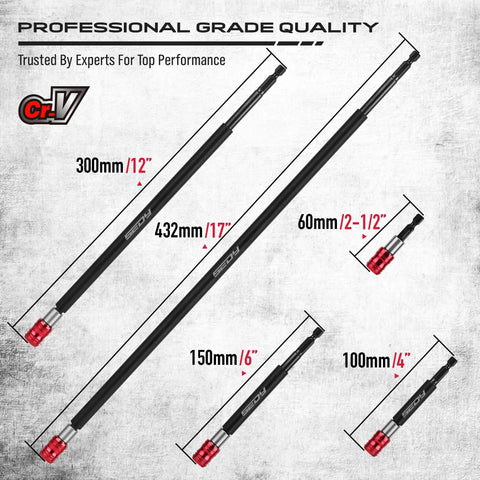 Five Piece Extra Long Magnetic Screwdriver Bit Holders Set With Two Inch Four Inch Six Inch Twelve Inch And Seventeen Inch Lengths One Quarter Inch Hex Shank Quick Release Extension Durable CR V Steel Universal Fit For Impact Driver Bits
