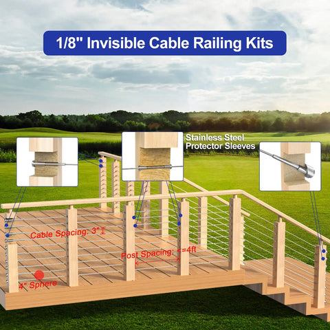 20 Pack Invisible Cable Railing Kit For One Eighth Inch Stainless Steel Cable With Receiver And Swage Stud Ends on Deck