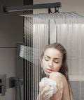 12 Inch Square Rain Shower Head With Extension Arm And Handheld Combo High Pressure All Metal Shower System With Brass Valve Rust Resistant 304 Stainless Steel Head Leak Proof Matte Black Finish showering experience