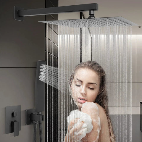 12 Inch Square Rain Shower Head With Extension Arm And Handheld Combo High Pressure All Metal Shower System With Brass Valve Rust Resistant 304 Stainless Steel Head Leak Proof Matte Black Finish showering experience