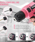 Pink 8V USB Rechargeable Power Drill Driver Kit For Women Cordless Lightweight Electric Drill with screw bit set in hand.