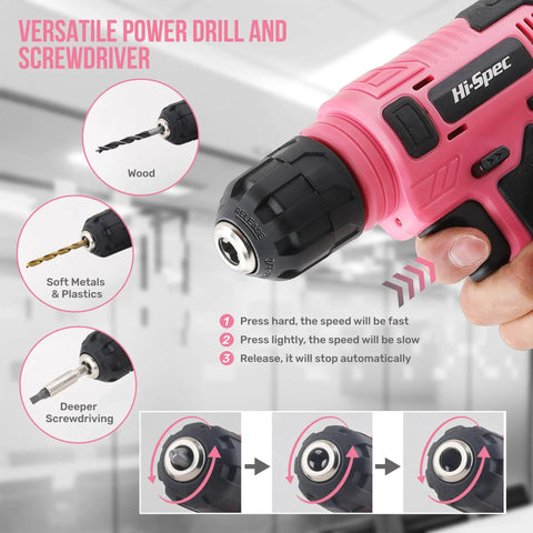Pink 8V USB Rechargeable Power Drill Driver Kit For Women Cordless Lightweight Electric Drill with screw bit set in hand.