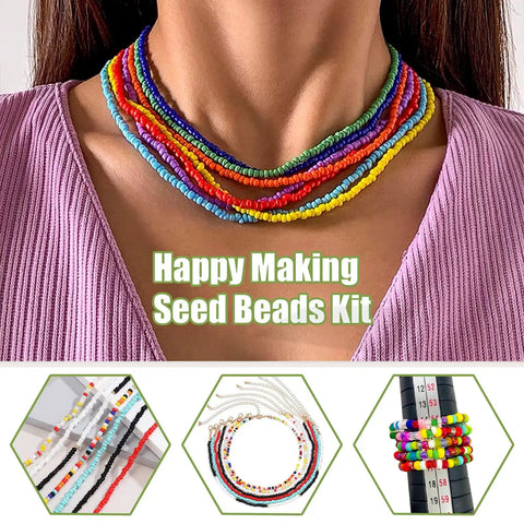 Woman wearing necklace from Huge 24000Pcs Glass Seed Beads Kit, 2mm beads in 28 colors, perfect for jewelry making, DIY crafts.