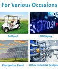 Heavy Duty DC To DC Voltage Converter Regulator Step Down From 36V Or 48V To 12V At 20 Amps 240 Watts showcasing golf cart use and LED display.