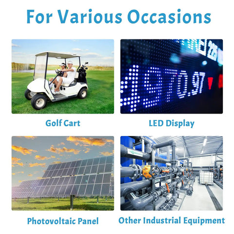 Heavy Duty DC To DC Voltage Converter Regulator Step Down From 36V Or 48V To 12V At 20 Amps 240 Watts showcasing golf cart use and LED display.