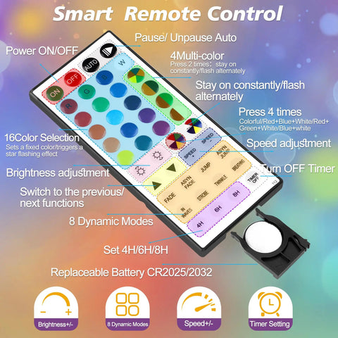 Remote control for Battery Operated String Lights With 24 Color Changing Modes showing color and timer options.