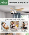 52 Inch Indoor Ceiling Fan With LED Lights And Pull Chain, Low Profile Flush Mount White Ceiling Fan in a living room setting