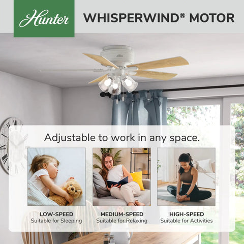 52 Inch Indoor Ceiling Fan With LED Lights And Pull Chain, Low Profile Flush Mount White Ceiling Fan in a living room setting