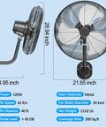 Dimensions and specifications of 20 Inch High Velocity Wall Mount Industrial Fan with 7200 CFM Wired Remote, showing side and front views
