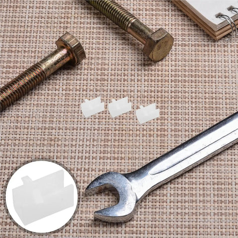 Adjustable Cabinet Clip Supports For Shelves And Racks, sturdy plastic shelf holders next to bolts and wrench on mat