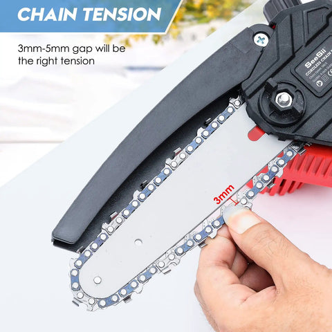 Adjusting chain tension on 8 Inch Mini Chainsaw Chain Set 2 Pack With Sharpening Kit For Quick Cuts, One Quarter Inch Pitch Low Profile.043 Gauge, 46 Drive Links, Fits Most 8 Inch Mini Saws