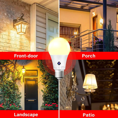 Outdoor Dusk To Dawn LED Light Bulbs A19 3000K Soft White in porch, patio, front-door, and landscape settings, 4 pack