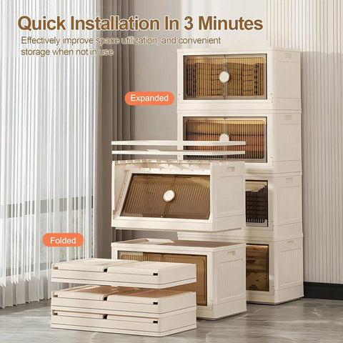 Rolling Collapsible Storage Bins with Lids and Wheels, 3 Pack Stackable Plastic Folding Boxes, displaying expanded and folded states.
