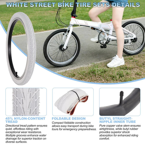 Image showing Two Pack 20x1.75 White Bike Tires And Tubes Set For Road Street E-Bike And Wheelchair detail features and design.