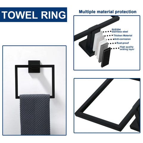 Matte Black 5 Piece Bathroom Hardware Set With 24 Inch Square Towel Racks, SUS304 Stainless Steel Towel Bar Set, Wall Mounted Bath Accessories
