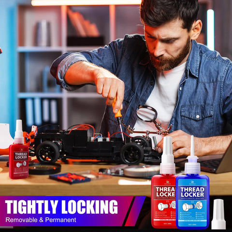 Thread Locker kit with red 272 and blue 243 bottles, 3.38 oz each, for removable thread locking of fasteners.