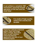 Antique Brass Mini Hinges Pair Of Two With Matching Screws For Cabinets Drawers And Jewelry Boxes close-up view showing embossed pattern and durability