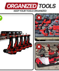 Universal M18 18V Tool Organizer Rack For Five Cordless Tools mounted on wall with drills and drivers