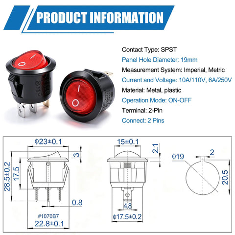 Lighted Round Rocker Switch For Household Appliances, 110 120V AC, SPST On Off, 3 Pin, Red Indicator Light, Built Tough 6A At 250V 10A At 125V, Durable Nylon PA66 Body, Illuminated Boat Toggle Power Switch, with dimensions