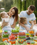 Family using 40 Piece Food Storage Containers Set With Lids For Kitchen Organization BPA Free Plastic Meal Prep Containers outdoors.
