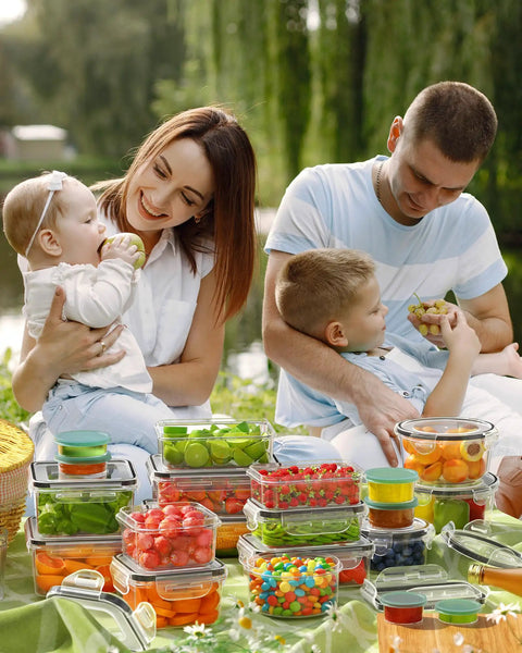 Family using 40 Piece Food Storage Containers Set With Lids For Kitchen Organization BPA Free Plastic Meal Prep Containers outdoors.
