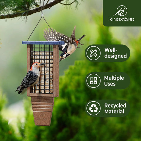 Double Capacity Tail Prop Suet Bird Feeder For Outdoor Hanging Made From Recycled Plastic Sturdy And Durable With Two Sided Wire Mesh Perfect For Woodpeckers And Clinging Birds Blue, hanging on a tree branch with woodpeckers feeding.