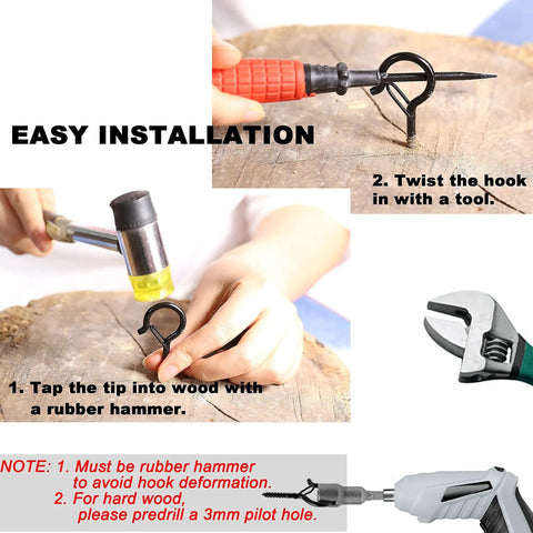 Heavy Duty Outdoor Screw In Hooks For Hanging Plants And String Lights 2.2 Inch installation steps with rubber hammer