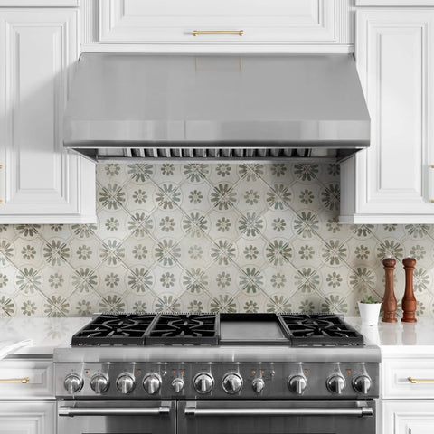 Blume Sage Ceramic Floor And Wall Tile 17.63 In Square Glazed With Subtle Texture And Low Sheen used in a kitchen backsplash