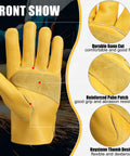 Rugged Leather Work Gloves For Men And Women, Cowhide Build, Golden Yellow, front view with reinforced palm and durable gunn cut.