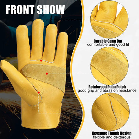Rugged Leather Work Gloves For Men And Women, Cowhide Build, Golden Yellow, front view with reinforced palm and durable gunn cut.