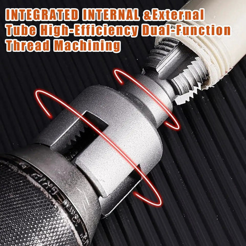 Close-up of 2 Piece Pipe Threader Kit With One Half And Three Quarter Inch Dies Electric Drill Compatible threading tool.