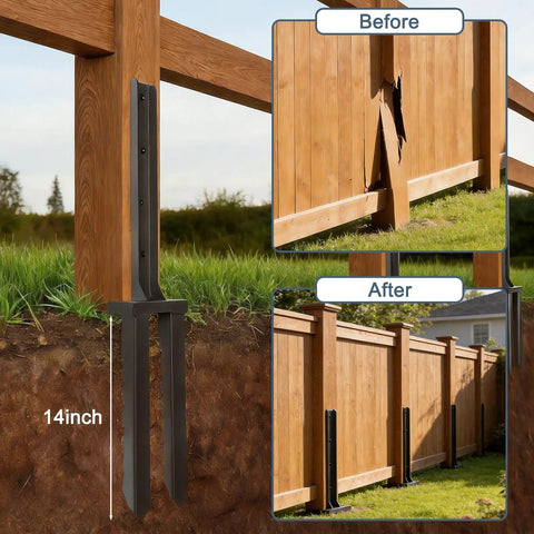 4 Pack Heavy Duty Fence Post Repair Kit With Wavy Design Steel Anchors installed on wooden fence for support and repair