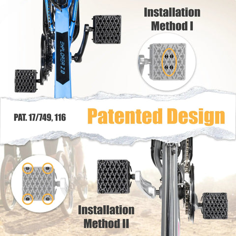 Kid Bike Pedal Blocks 1.5 Inch Reach For Small Riders, patented design with two installation methods shown on bike