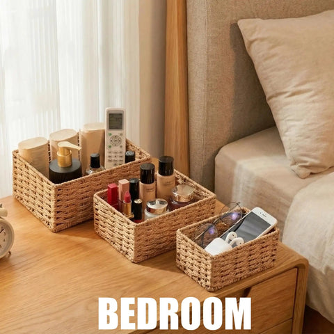 Set Of Three Small Wicker Baskets Low Key Perfect For Home Organization And Bathroom Decor With Durable Woven Storage Trays That Keep Your Space Tidy While Adding Cozy Rustic Vibes To Living Rooms Or Closets